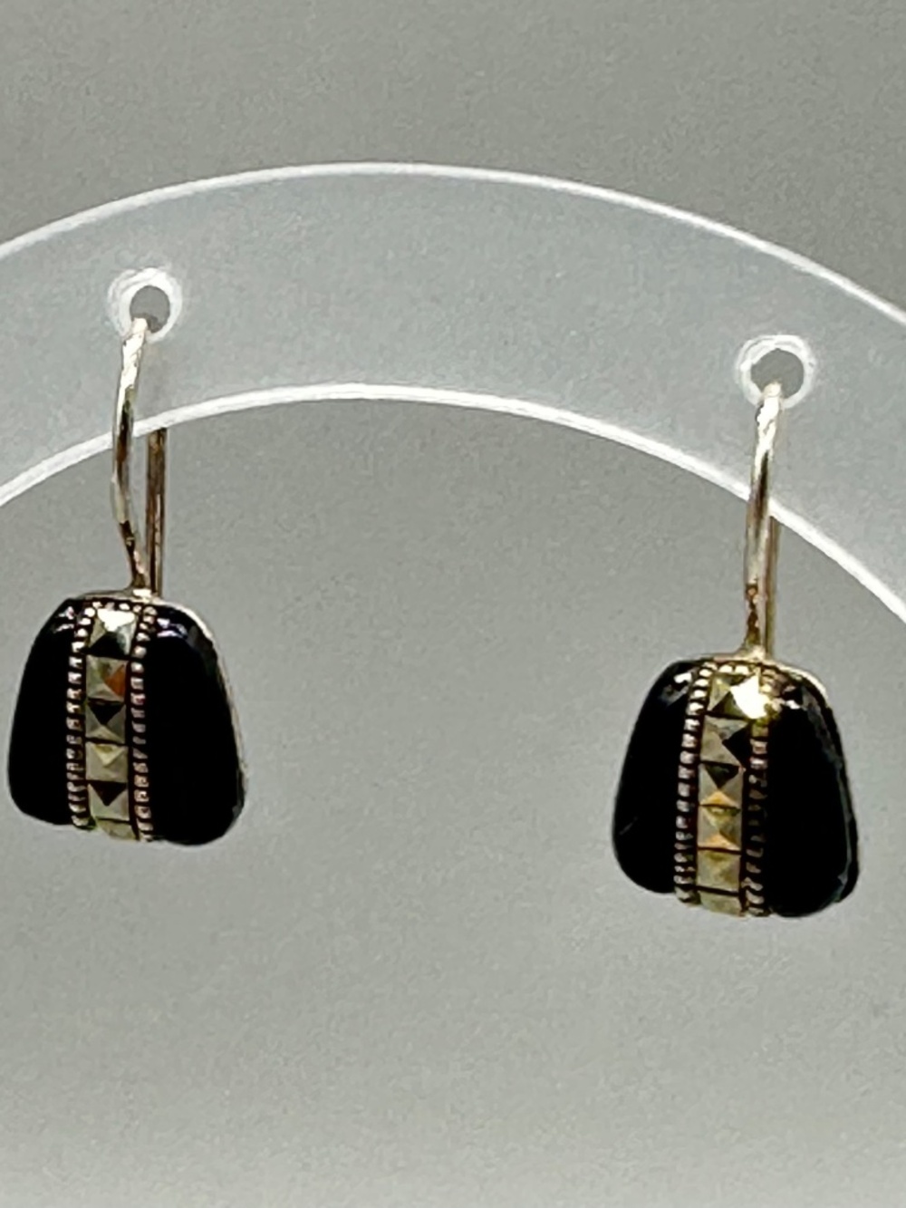 Sterling Silver Black Onyx Marcasite Dangle Hook Earrings Jewelry Stone